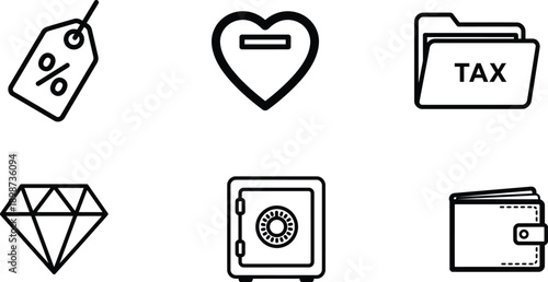 Collection of business and finance icons including tax safe wallet and discount