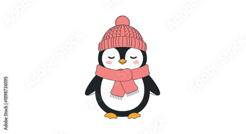 Adorable cartoon penguin character wearing a warm pink knitted hat and a matching scarf with its eyes closed in a peaceful expression.