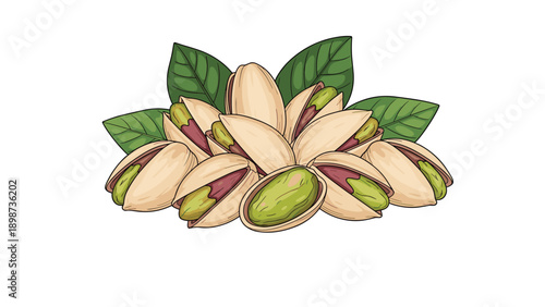Close-up illustration of a pile of delicious pistachio nuts in their shells with green kernels and fresh green leaves around them.