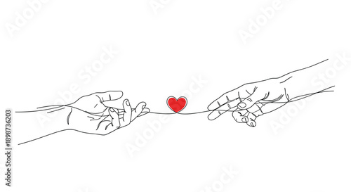 Elegant single line drawing of two hands reaching towards each other with a small red heart suspended in the middle of them.