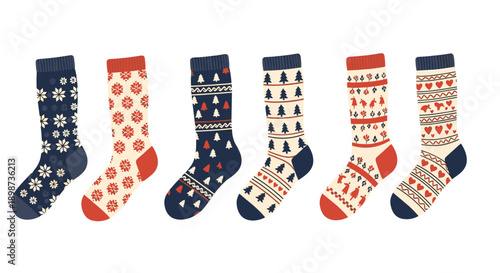 Colorful row of various winter socks featuring festive holiday patterns like snowflakes, christmas trees, and small hearts.