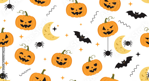Playful halloween pattern with various jack o lantern pumpkins, flying bats, hanging spiders, and golden crescent moons.