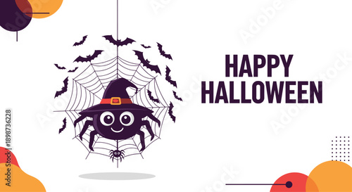 Fun happy halloween graphic featuring a cute spider wearing a purple witch hat inside a web with flying bats around it.
