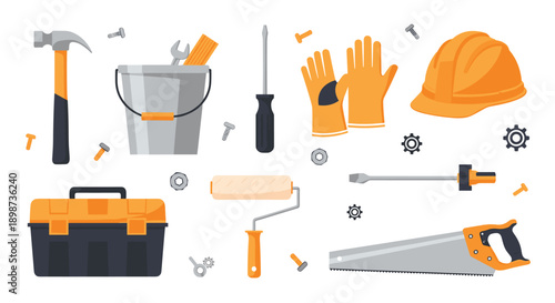 Wide array of construction and handyman tools including a hammer, saw, helmet, gloves, paint roller, and a large toolbox.