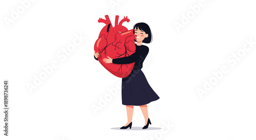 Happy young woman standing and hugging a giant anatomically correct red heart with a joyful and caring facial expression.