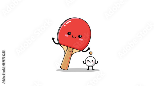 Adorable cartoon characters representing a table tennis paddle and ball with happy faces and waving arms for sports and fun.