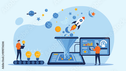 Creative team processing lightbulb ideas into a funnel to launch a rocket ship representing business growth and technical innovation.