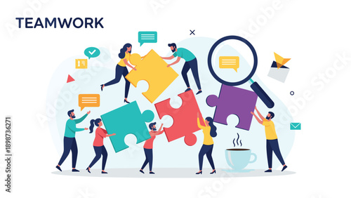 Diverse group of office workers collaborating together to assemble a large colorful jigsaw puzzle representing teamwork and synergy.