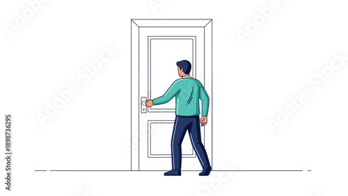 Minimalist illustration of a man from behind about to open a white door by turning the handle in a simple room for a new opportunity.