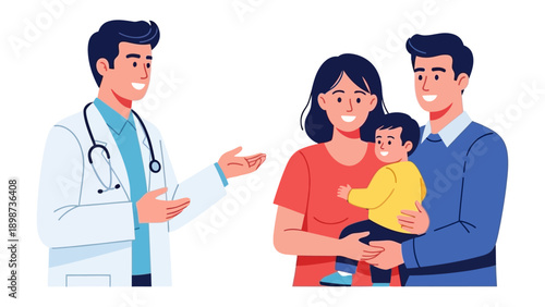 Doctor consultation with family: A friendly doctor consults with a happy young family, holding their child, fostering trust and well-being in a medical setting.