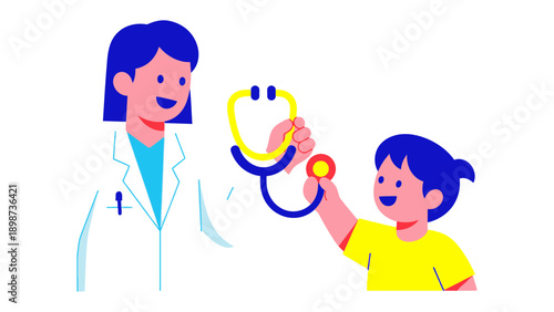 Healthcare Collaboration: A doctor and a child engaging in a playful interaction, with the doctor introducing the child to medical instruments.