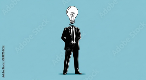 Lightbulb Head Businessman Standing, Innovation Concept Illustration on Blue Background