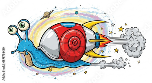 Rocket Snail Flying Fast Through Space Cartoon Illustration
