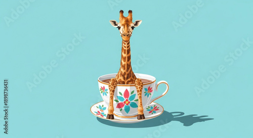 Giraffe Sitting in Floral Teacup on Turquoise Background, Whimsical Concept