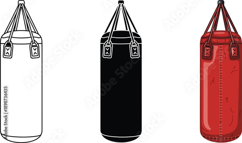 Collection of boxing punch bags including outline silhouette and realistic red design for fitness and combat sports isolated on white background
