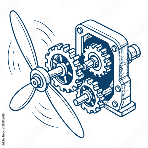 Gearbox with propeller system in motion sketch illustration
