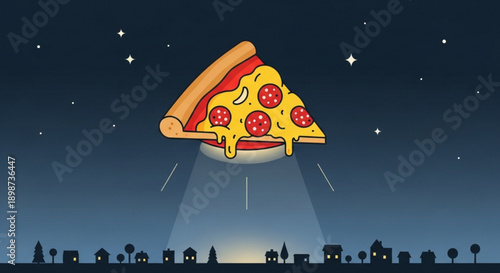 Pizza Slice UFO Abducting Small Town at Night Cartoon Illustration