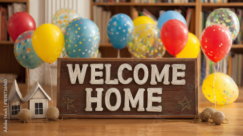 A festive Welcome Home sign surrounded by balloons and simple decorations, joyful atmosphere