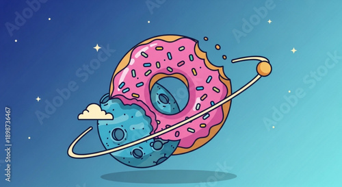 Pink Donut Planet with Bitten Blue Moon Orbiting in Starry Space Vector Illustration