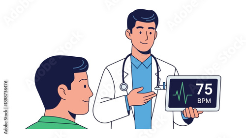 Healthcare Consultation: A doctor points to a monitor displaying a patient's vital signs during a checkup, illustrating medical expertise and patient care.