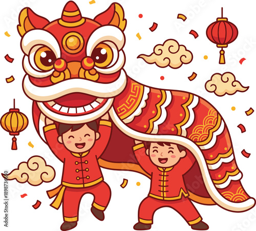 cute cartoon style Chinese lion dance