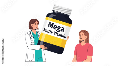 Medical Guidance: A healthcare professional presents a bottle of multivitamin tablets to a patient, symbolizing wellness and medical advice, against a clean background, conveying care and health