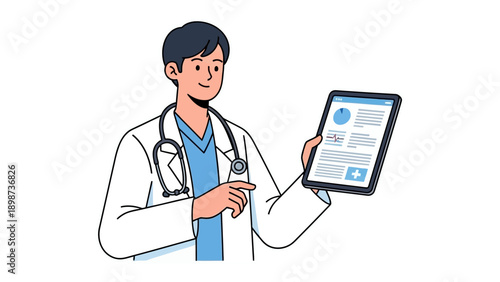 Health Professional's Digital Insight: A friendly health expert, clad in a crisp white coat, skillfully navigates a digital tablet, sharing valuable health data.
