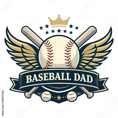 Baseball Dad Vintage Emblem with Crown Wings and Crossed Bats Vector Design