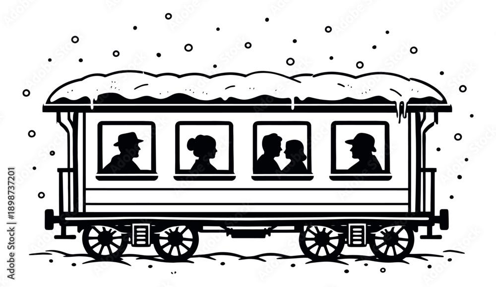 Fototapeta premium Hand drawn line art illustration of a train car depicting passengers traveling in falling snow for winter journeys