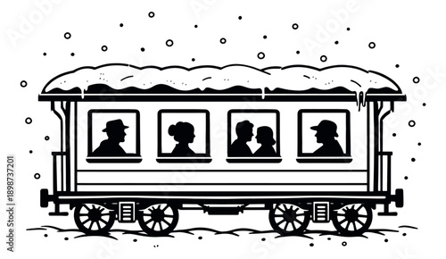Hand drawn line art illustration of a train car depicting passengers traveling in falling snow for winter journeys