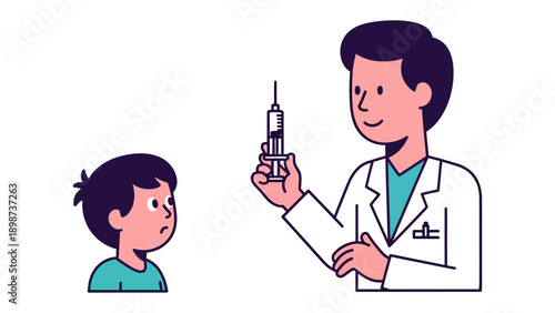 Child's Encounter with Medicine: A cartoon illustrates the crucial moment of vaccination, showing a doctor preparing an injection for a child. This captures the essence of healthcare, childhood.