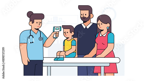 Doctor Checking Temperature: A caring doctor uses a non-contact thermometer to check a young patient's temperature during a health check-up, with the concerned parents watching.