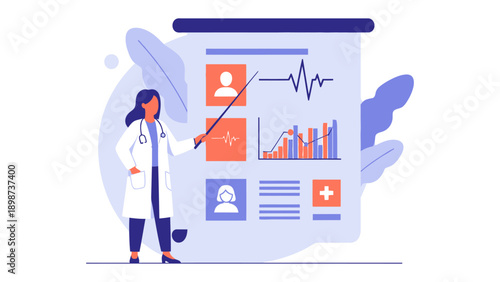 Medical Presentation and Consultation: A doctor is presenting medical information. She is showing and explaining about health care treatment, data information with a patient's chart. 