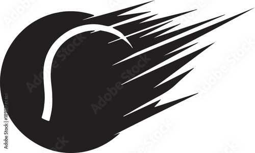 A dynamic black and white illustration of a speeding tennis ball with motion lines