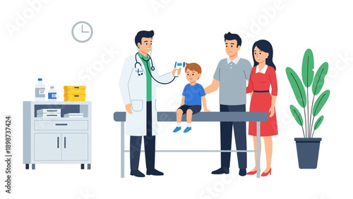 Doctor's Visit: A caring doctor examines a young patient, surrounded by his supportive parents, creating a scene of healthcare, checkup, and family support.