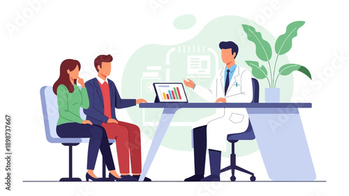 Patient Consultation: A doctor is advising a couple about their health. The scene captures the essence of healthcare with a modern touch, symbolizing trust and care.