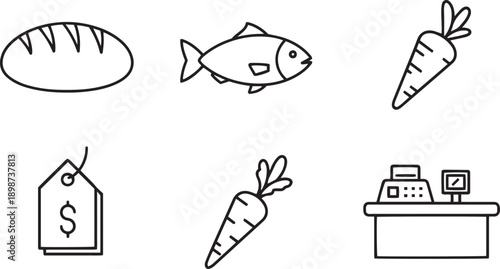 Grocery store items and checkout illustration