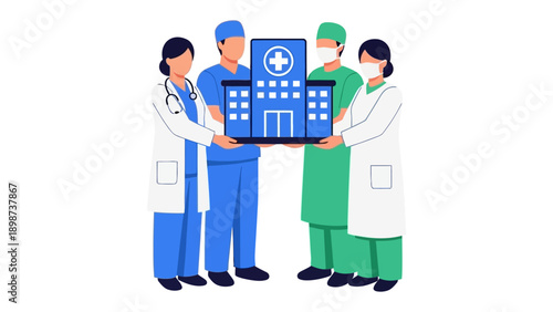 Healthcare Team: A group of dedicated medical professionals jointly holding a miniature model of a hospital, showcasing unity and collaborative care in a healthcare setting.