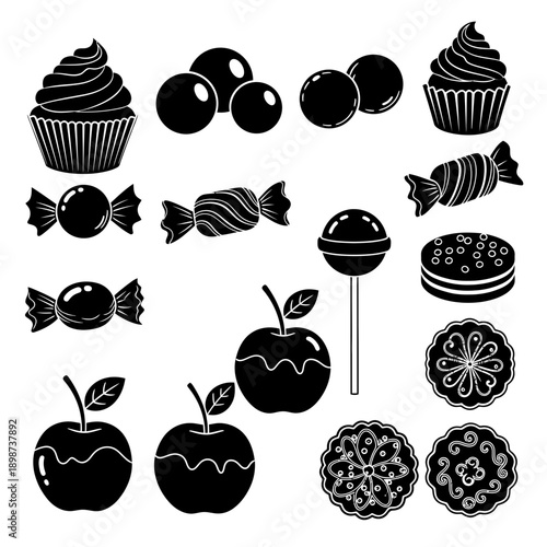 Candy and Dessert Icons Set – Sweets Cupcake Apple Treat Silhouettes