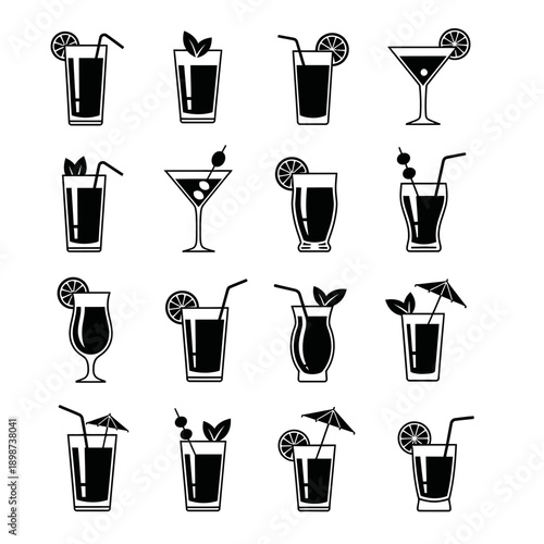 Cocktail Drink Icons Set – Alcoholic Beverage Glass Bar Silhouettes