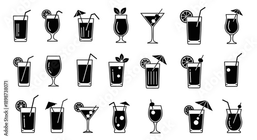 Cocktail Drink Icons Set – Alcoholic Beverage Glass Bar Silhouettes