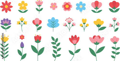 Cute Flower and Floral Flat Illustration Icon Set Featuring Colorful Blossoms Leaves and Plants for Spring Nature Decoration and Design Projects