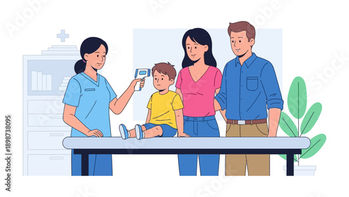 Medical Checkup: A child gets his temperature measured by a healthcare provider at the doctor's office in front of his parent.