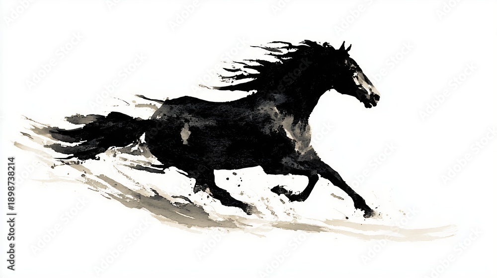 Fototapeta premium Chinese ink painting silhouette of galloping stallion, horse in sumi-e style for lunar new year zodiac celebration