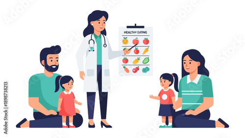 Nourishing a Family: A health-conscious doctor elucidates on a healthy eating plan to a family, emphasizing nutritious foods. Capturing the essence of well-being and health in a simple illustration.