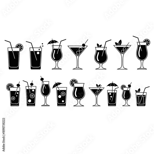 Cocktail Drink Icons Set – Alcoholic Beverage Glass Bar Silhouettes