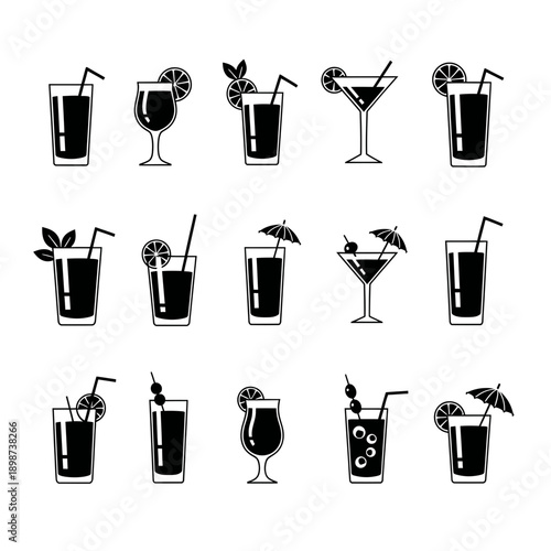 Cocktail Drink Icons Set – Alcoholic Beverage Glass Bar Silhouettes