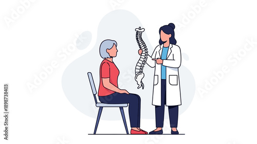 Spine Analysis: A healthcare professional points to a spine model, providing an in-depth examination, while the patient attentively observes.