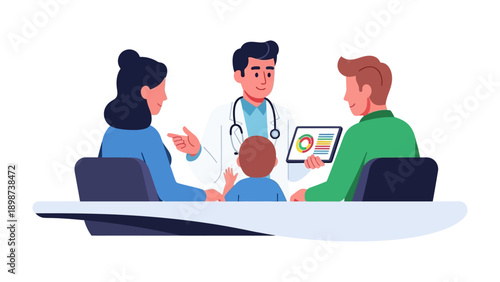 Doctor's Consultation: A doctor engaged in a conversation with a family, with medical diagnostic data, illustrating health support and wellness.