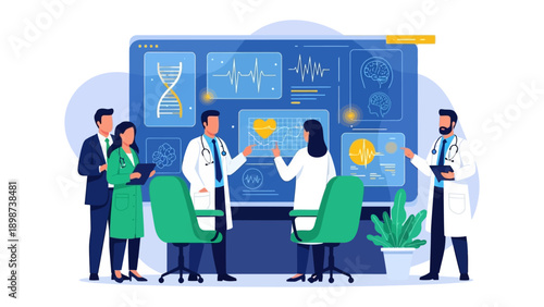 Healthcare Innovation: a dedicated team of medical professionals engaged in collaborative discussion while examining intricate data on a comprehensive display.